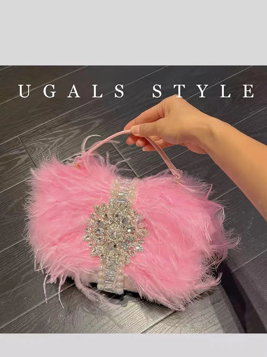 Ostrich hair crystal sparkling rhinestone diamond evening bag womens handbag wedding party clutch wallet shoulder cross body bag 241023