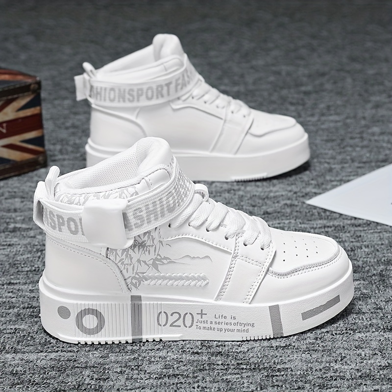 Men S High Top Fashionable Sports Shoes Casual Lace Up Solid Color PU Upper Breathable Lining Wear Resistant Rubber Outsole Comfortable Fabric Insole