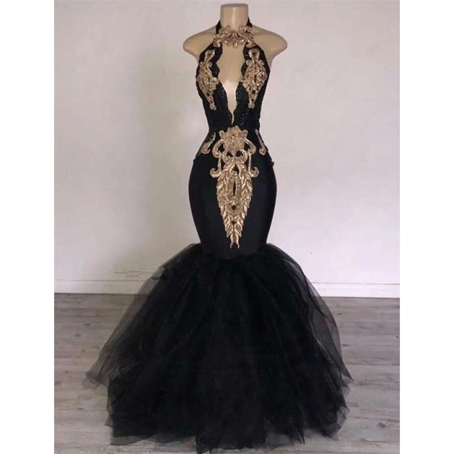 Halter Tulle Black Sexy Mermaid Long Prom Keyhole Lace Applique Beaded Or Length Evening Party Dresses Bc0752
