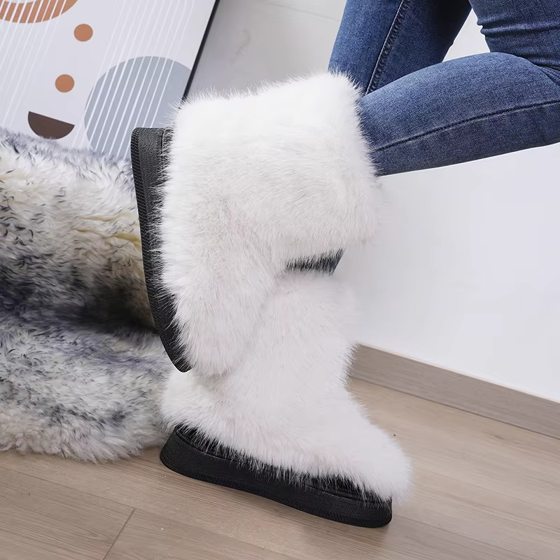 Boot Fur Womens Winter Snow Women Ski Fluffy Hairy Lace Up Middle Calf Platform Flat With White Cotton Boots
