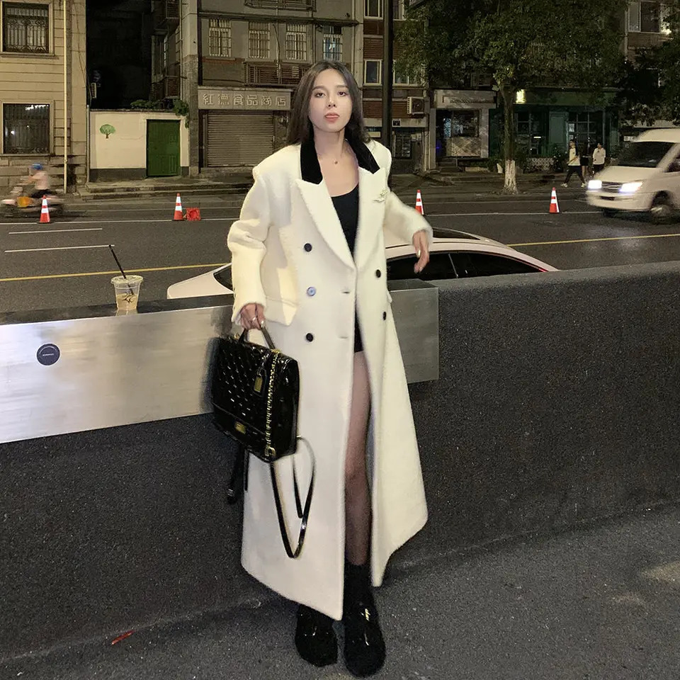 White set wool coat womens winter jacket Korean fashion loose temperature medium length thick wool coat winter clothing 241023