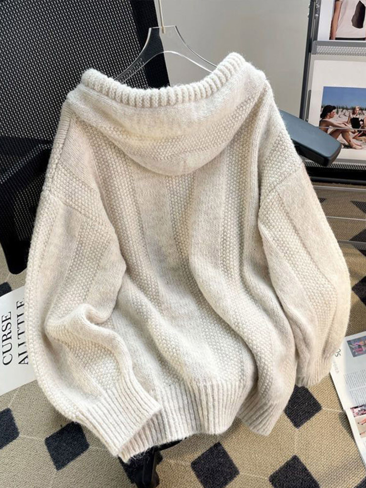 Korean Loose Solid Hooded Sweater Women Casual Knitted Buttons Soft Pullover Sweaters Female Autumn Chic Daily Warm Streetwear