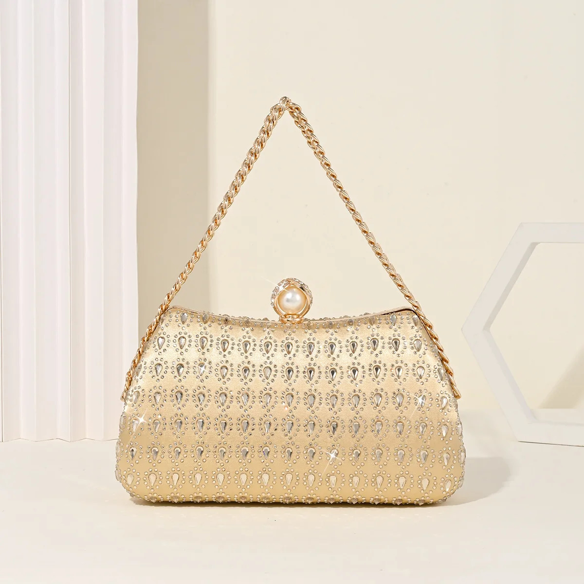 Tears diamonds evening dinner bag pearl buckle top handle handbag chain shoulder wallet half moon rhinestone party clutch 241023