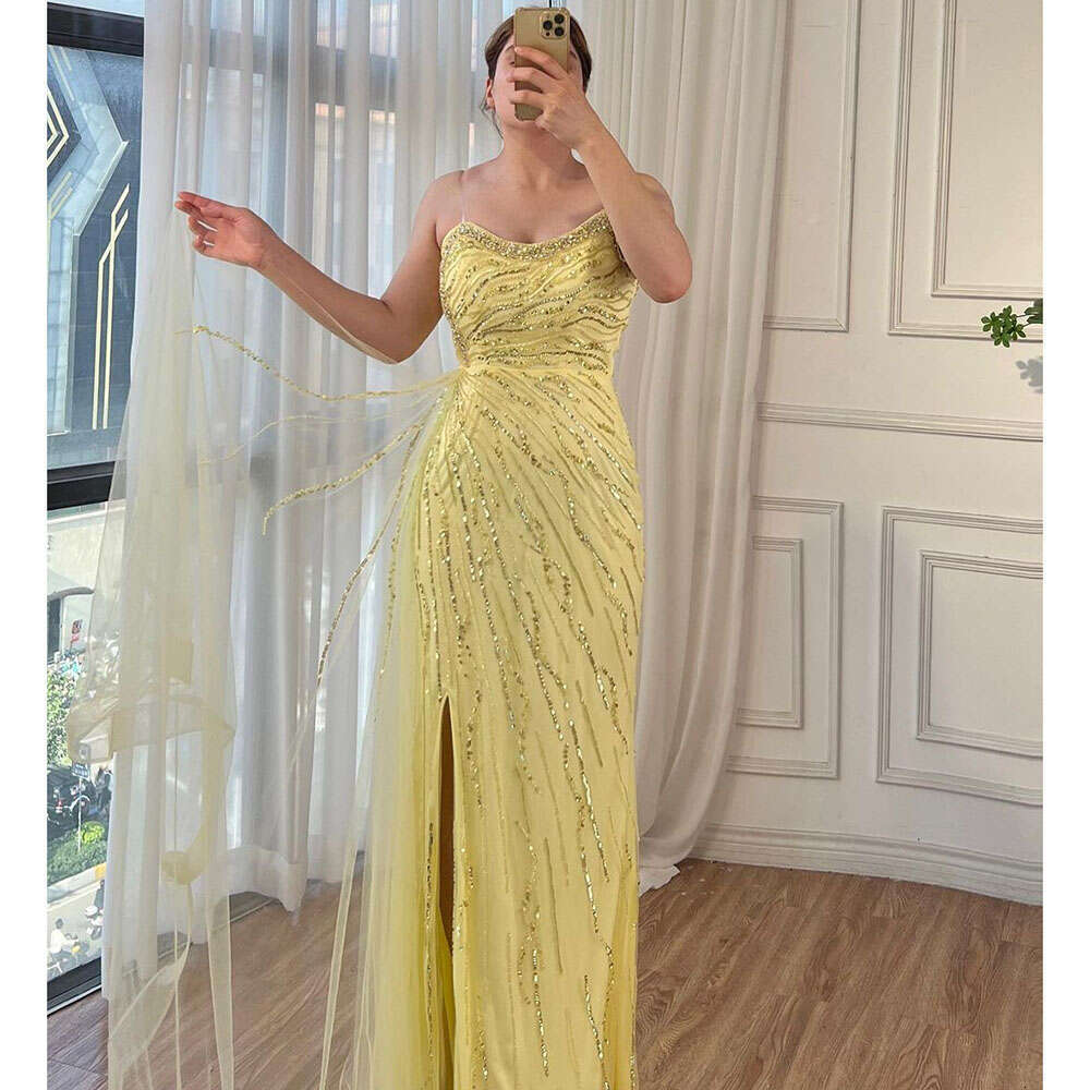 Serene Hill Yellow Mermaid Sexy High Split One Shoulder Beaded Evening Dresses Gowns For Woman Party 2024