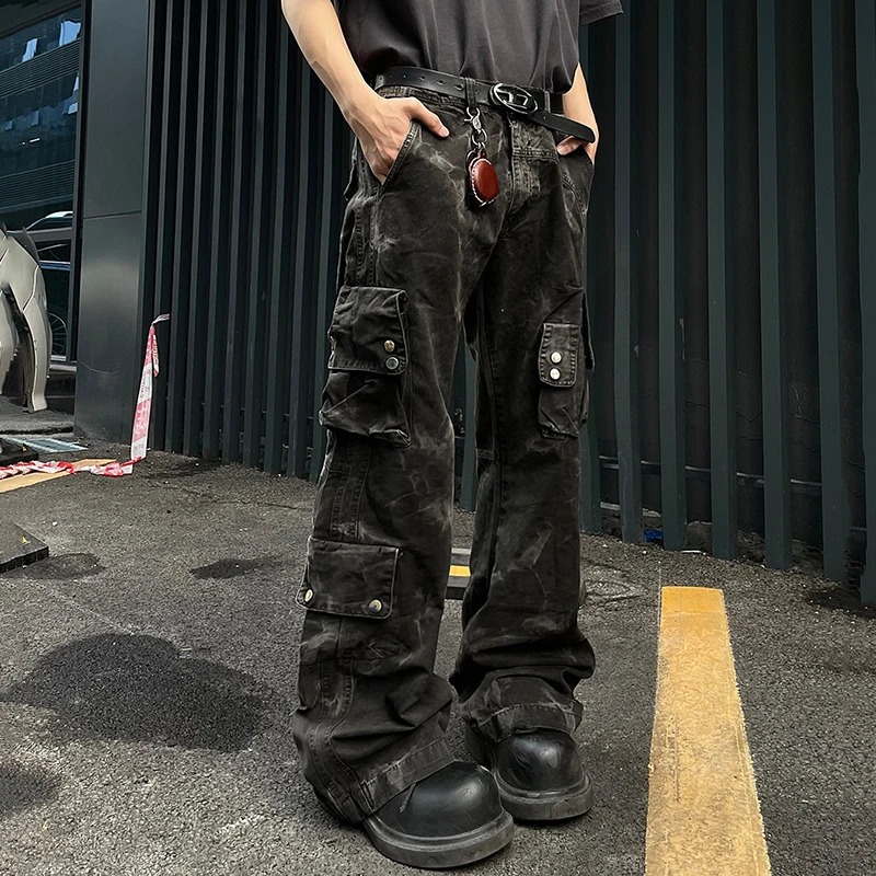 PFNW Dark Mens Denim Pants Tie Dye Multi Pocket Bottom Straight Wide Leg Boots Cut Mens Jeans Autumn 12C648 241022