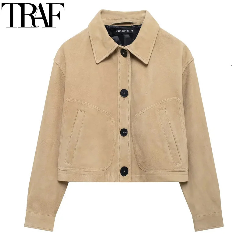 TRAF jacket trimmed suede jacket womens autumn button up jacket short solid jacket casual long sleeved jacket half season jacket printed jacket 241023