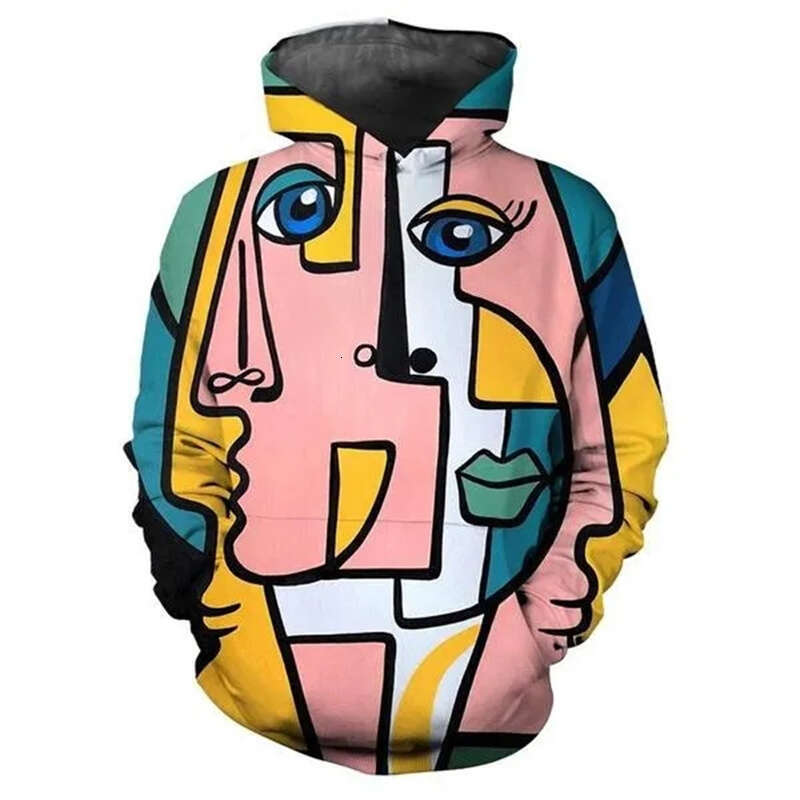 Abstract Face Art Pattern D Printing Hoodies Long Sleeve Oversize Pullover Hoodie Streetwear Men Clothes Autumn Swearshirt