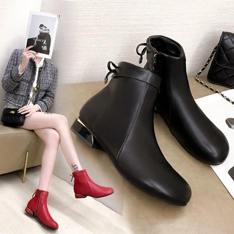 Boots Women Red Nice Soft-soled All-match Round Toe Zip Ankle Fashion Leather Veet Warm Square Heel