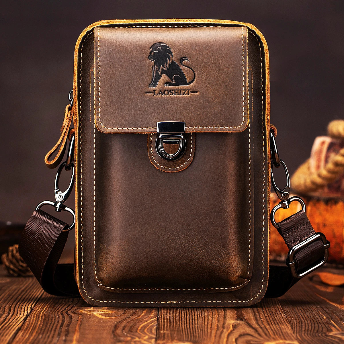 Crazy Horse Skin Mens Wear with Mobile Phone Waist Bag Top layer Cowboy Multi functional Single shoulder Cross body Mobile Phone Bag 241023