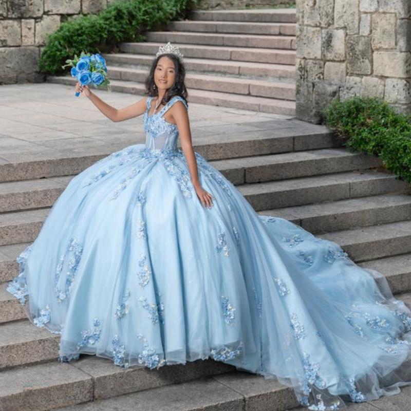 Sky Blue Sweetheart Quinceanera Dresses Off Shoulder Beading Applique Lace Tull Vestidos De 15 Anos Ball Gown Sweet 16 Dress