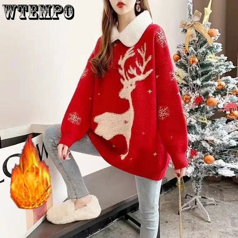 WTEMPO Womens Long Sleeve Drop Shoulder Christmas Sweater Fleece Lined Knitted Jumper Turn Down Collar Deer Snowflake Knitwear 241021