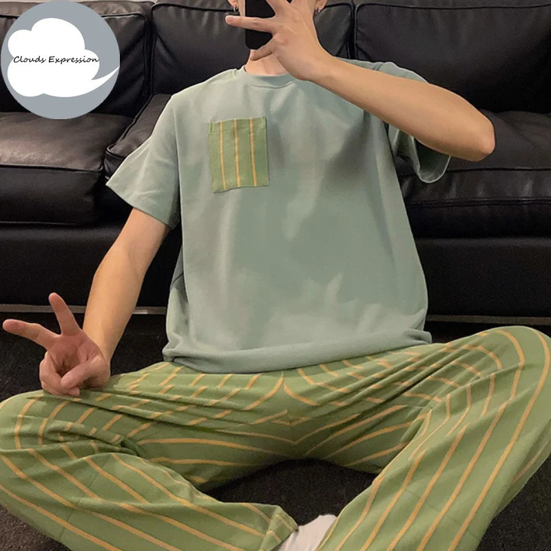 Summer Knitted Plaid Cool Mens Pyjamas Pajamas Casual Pjs Lounge Sets Masculine Sleepwear Nightwear Pijamas 3XL Homewear Fashion 241022