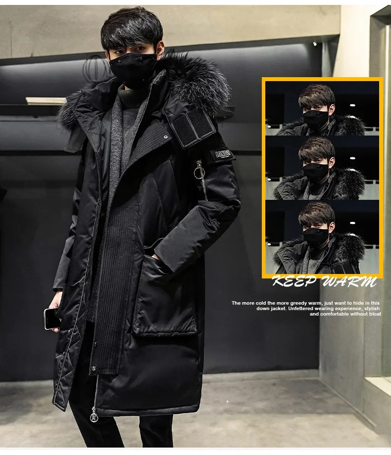 winter mens hooded fur collar long park jacket fashionable mens multi pocket white duck inflatable jacket 3XL 241022