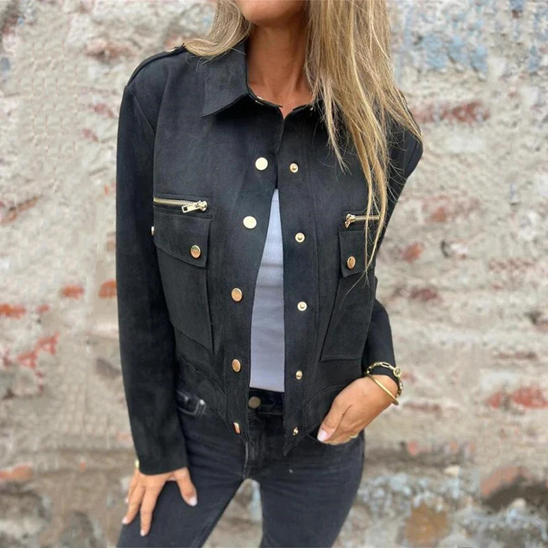 Elegant metal zipper button short jacket fashionable lapel solid color suede jacket womens casual long sleeved pocket jacket 241023