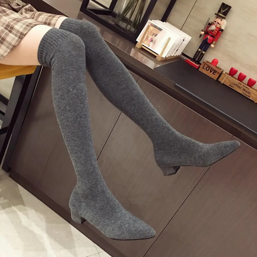 Thick wool socks boots pre sewn knitted short Japanese long strip knee up womens boots heels casual women 250225