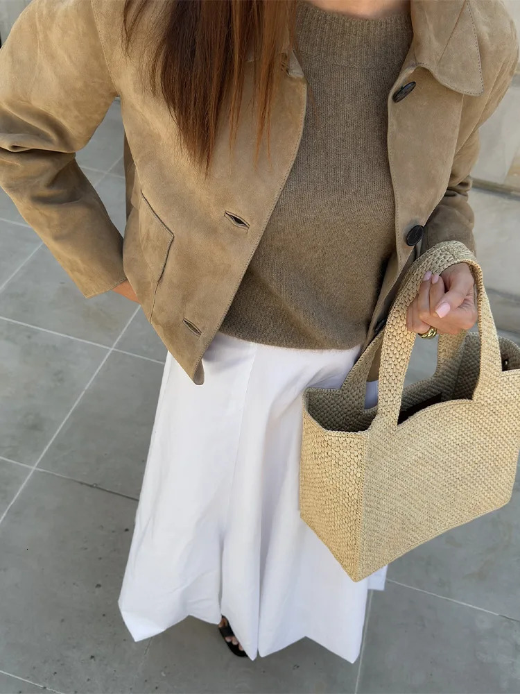 Fashion suede long sleeved Cropped jacket for womens casual lapel single chest pocket jacket autumn womens streetwear 241022