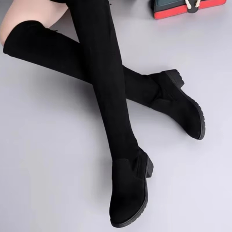 Designer Winter Over Knee New Comfortable Lace-Up Thick High Heels Fashion Warm Round Suede Elastic Womens Boots