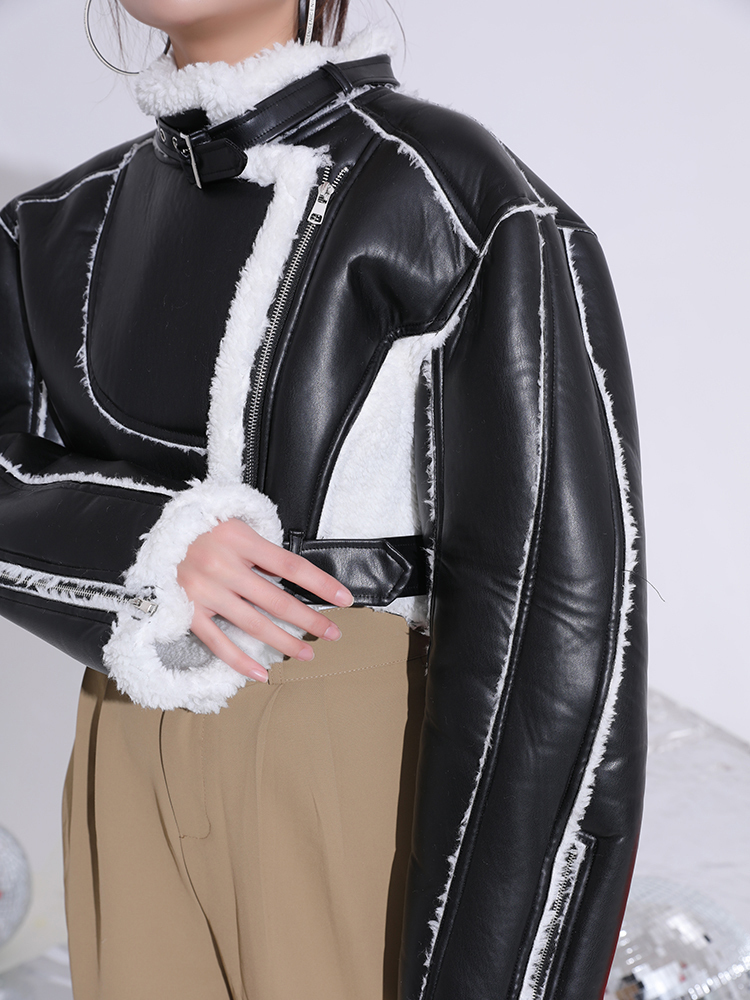 DEAT 2024 New Autumn And Winter Turn-Down Collar Full Sleeves PU Leather Cking Waist Jacket Female Coat Tide Warm Wt418
