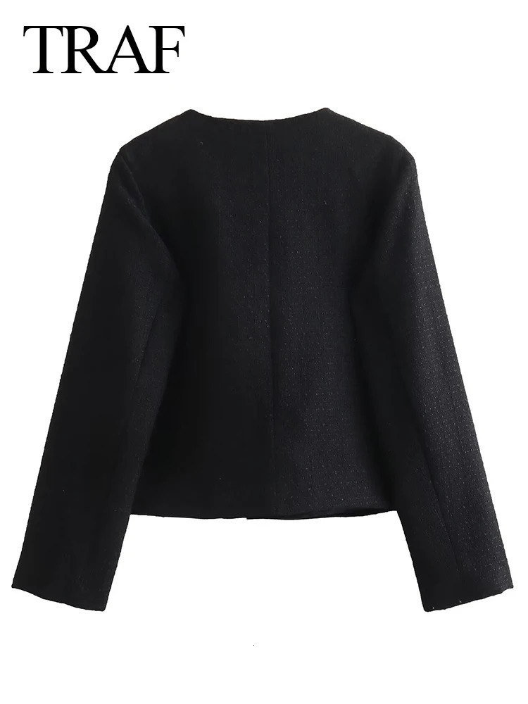 TRAF Spring Womens Elegant Coarse Felt Jacket Womens Single Chest O-Neck Long Sleeve Loose Texture Short Coat Womens Coat 241023
