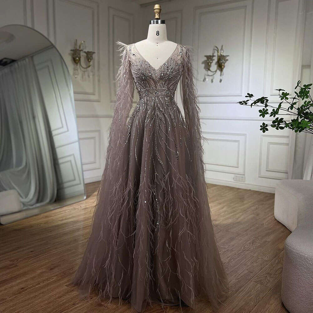 Serene Hill Nude Cape Sleeves Elegant A e Beaded Feathers Evening Dresses Gowns For Women Party 2024