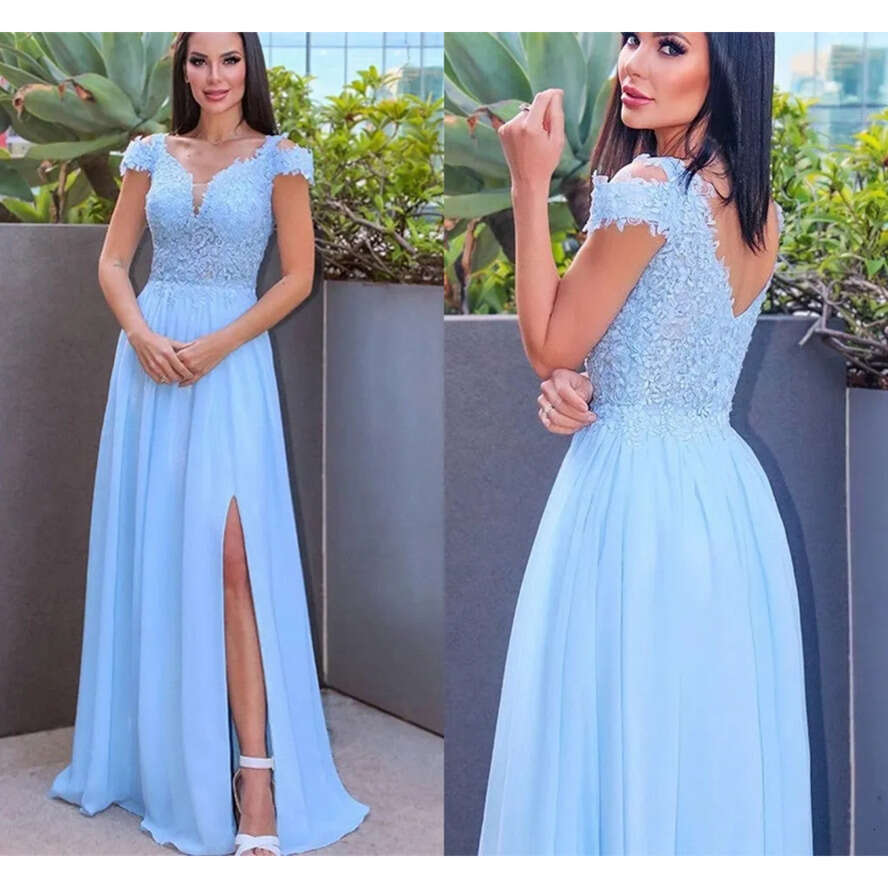 New Sexy Dresses Bridesmaid A E V Neck Cap Sleeve Lace Appliques Chiffon Maid Of Honor Gowns Plus Size Split Evening Prom Dress Wears ppliques vening