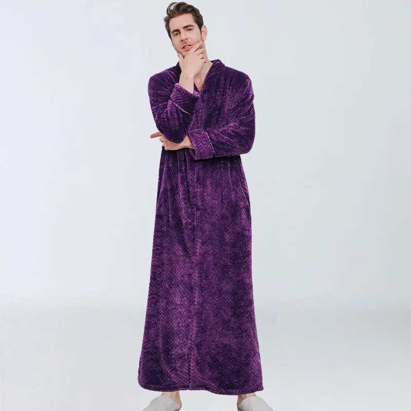 Autumn and Winter New Thick Zipper Night Light Flannel Couple Evening Dress with Length and Fat Mens Warm Pajamas W241023