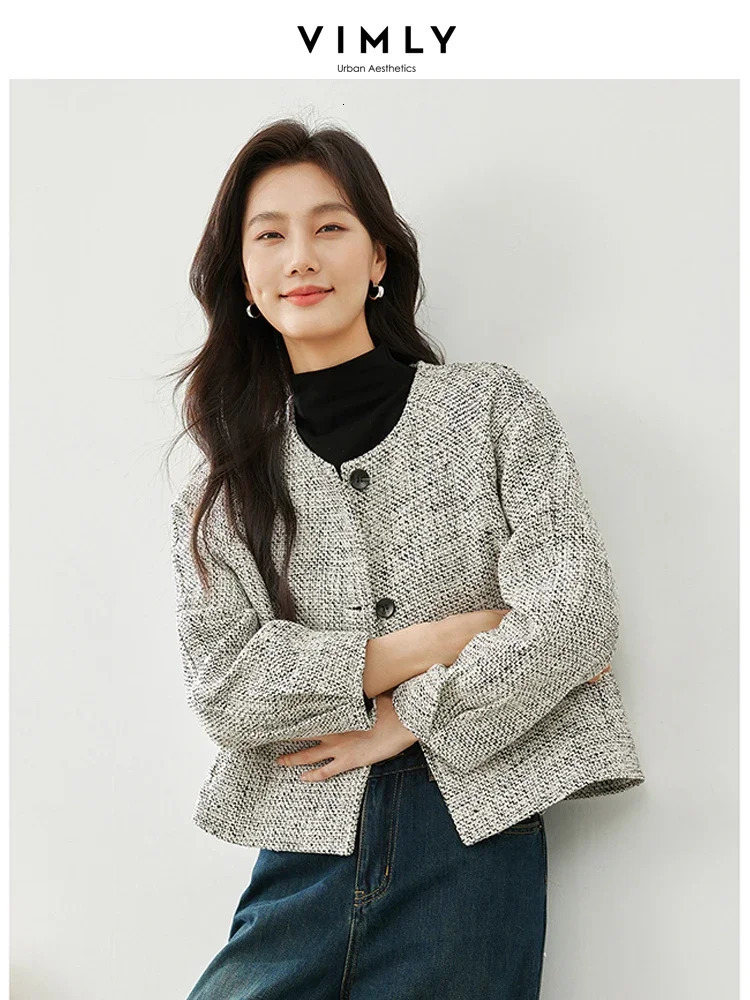 Vimly Plaid O-neck Cropped Coarse Felt Jacket Winter Thick Warm Loose Quilted Coat Office Womens Elegant Womens M5332 241023