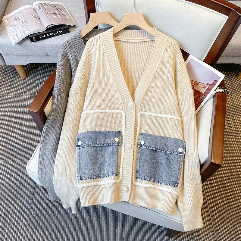 Winter Denim Patchwork Knitting Cardigan For Women Loose V Neck Long Sleeve n Y2K Sweater Fashion Tops 241021