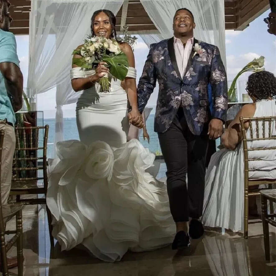 Wedding Cascading Dresses Mermaid With Corset Back Plus Size African Off Shoulder Pleats Ruffles Long Train Bridal Gowns Robe De Soriee