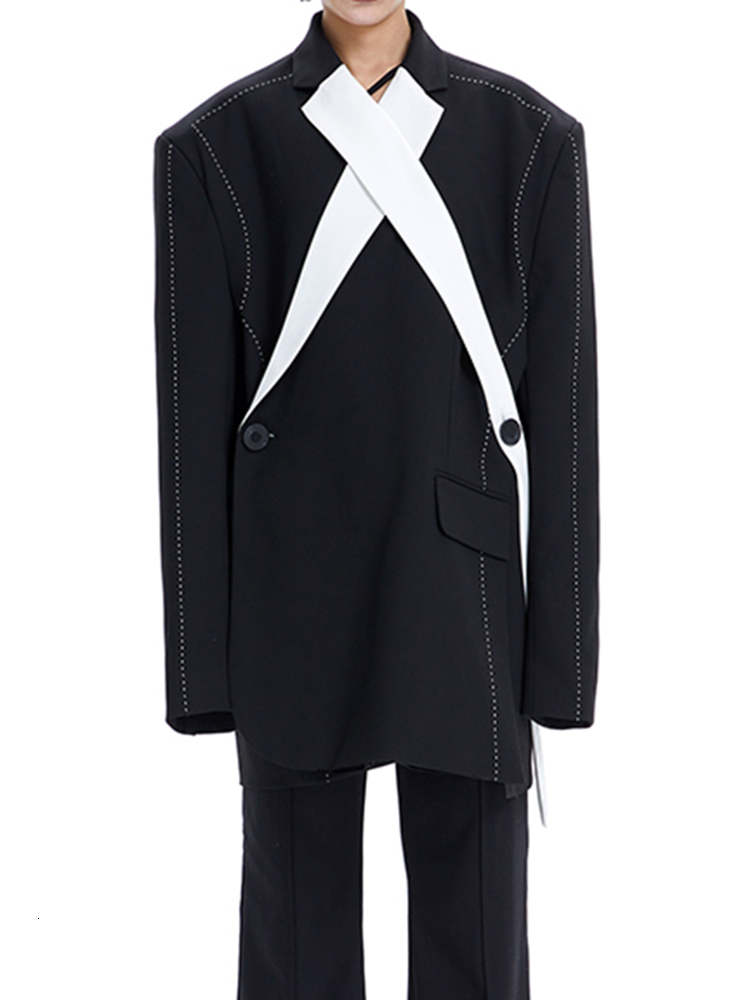 DEAT Fashion Women's Blazer New Loose Notched Double Button Long Sleeve Spliced Contrast Color Suit Jackets Autumn 2024 17A1665