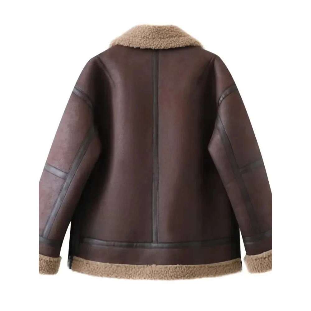Winter Women Warm Thick Fur Pu-Leather Jacket Vintage Lapel Long Sleeved Zipper Overcoat Fashion High Street Female Coats