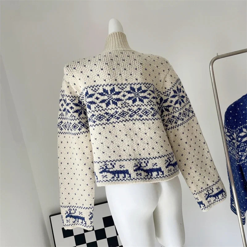Vintage Snowflake Sweater Coat Womens Autumn Winter Fashion Loose Casual Soft Warm Beige Blue Christmas Knit Cardigan 241022