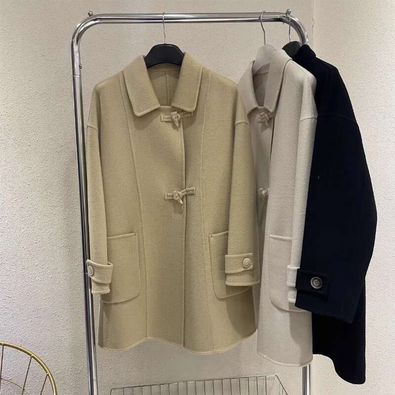 Rose Long Cashmere Autumn/Winter Woolen Horn Buckle Doll Collar Loose Version Double-Sided Handmade Women's