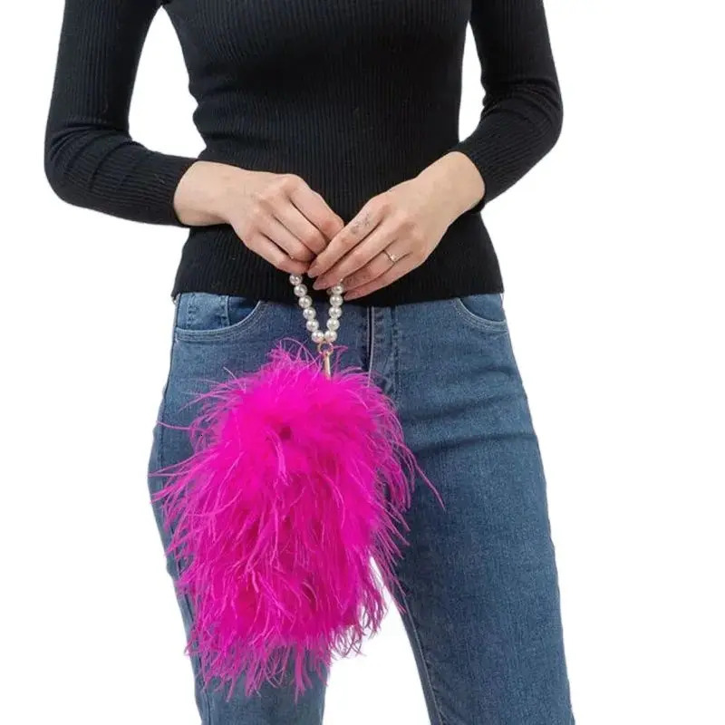 Ostrich Feather womens bag mini wallet pearl chain clutch romantic fur fluffy party peach fuzzy 241023