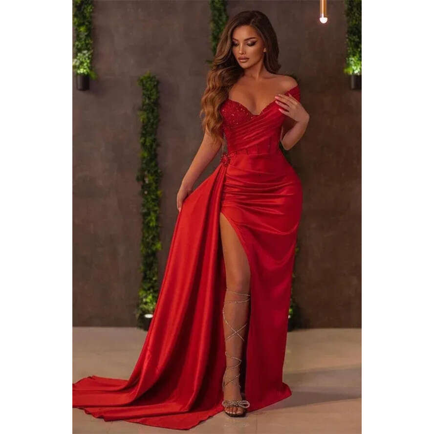 Mermaid Prom Red Sexy Dress With Detachable Ruffles Train Off Shoulder V Neck Sequins Pleats High Thigh Split Evening Gowns Women Vestidos estidos