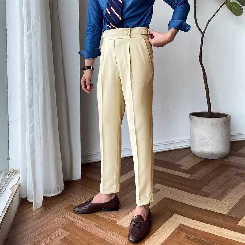 Italian Style Blazer Pants Mens New Casual Belt High-waisted Slim Straight Trousers For Men Autumn Trendy Solid Color Suit PantsX241023