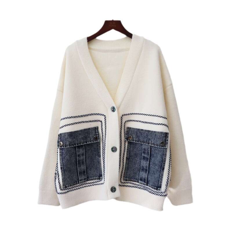 Denim Pockets Long Sleeve V-Neck Double-Faced Cashmere Single Breasted Women Winter Cardigan Coat Autumn