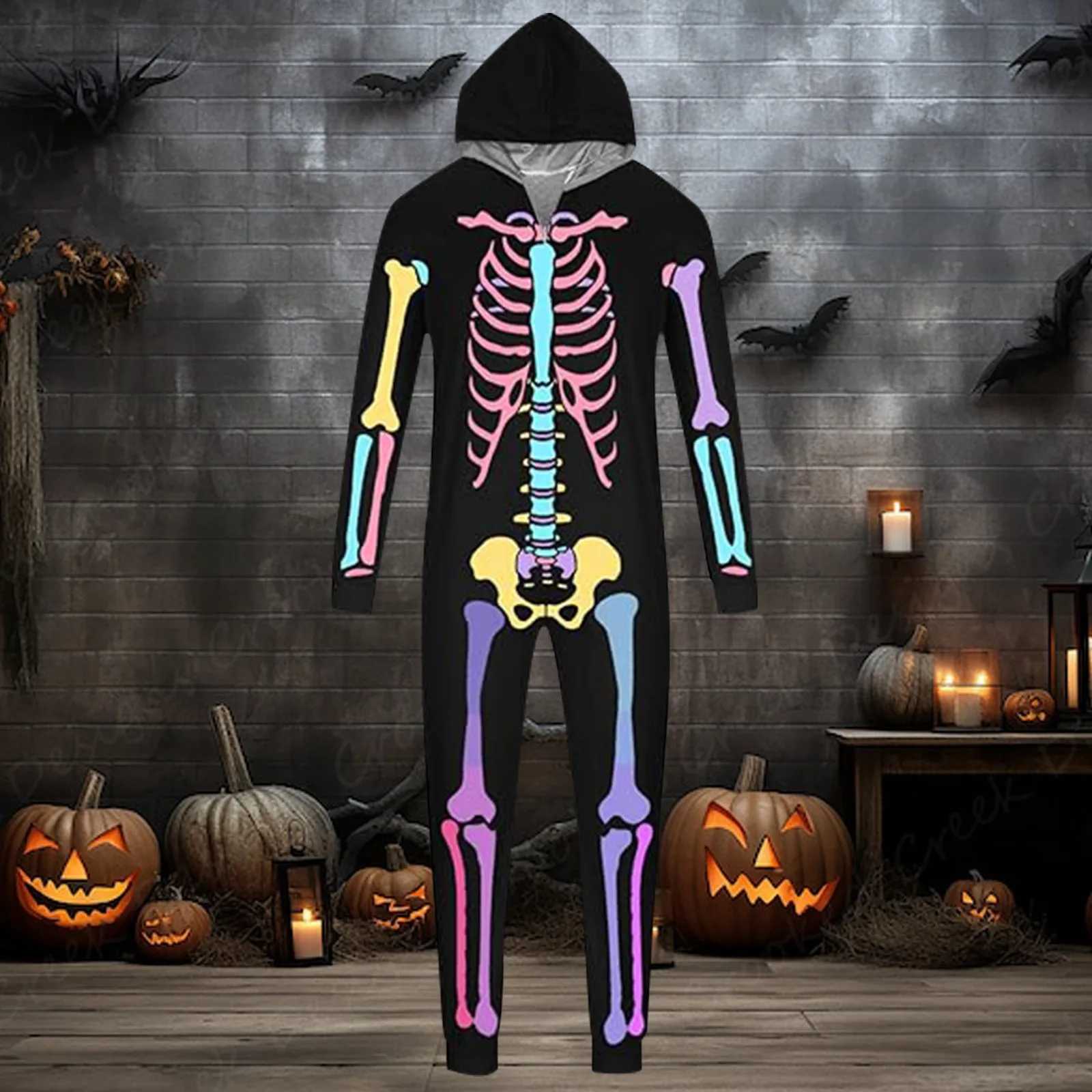 New Halloween Family Clothing Parent-Child Matching Pajamas 3D Skeleton Print Cosplay Jumpsuit Zipper Hooded Party Look CostumesXJ241008