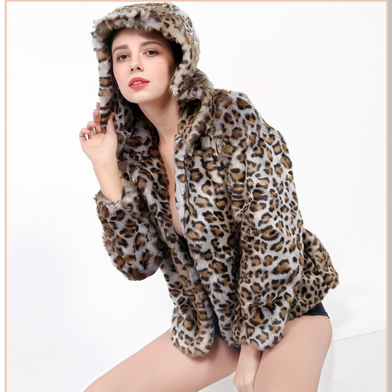OC2551M9 Women's Faux Fur Leopard Print Hooded Coat Imitating Rabbit Fur and Fur Sunday Angora Yarns Loose and Fashionable Jacket