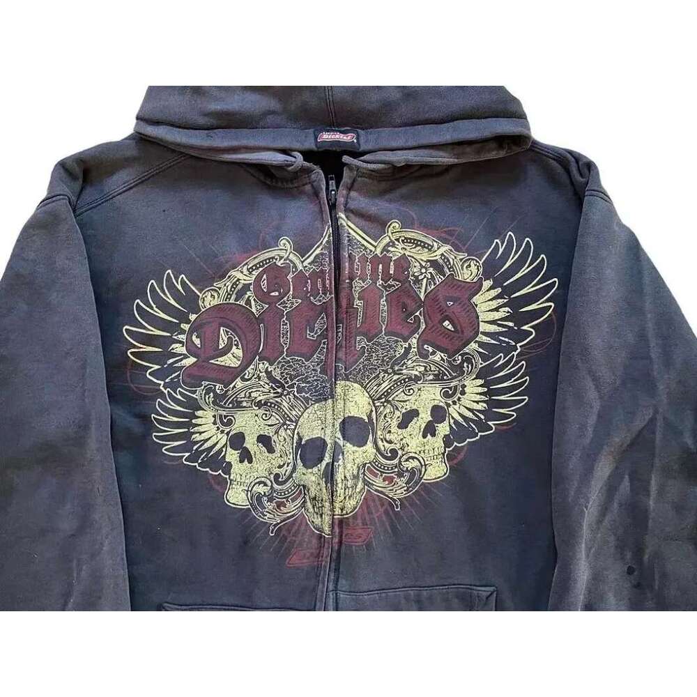 High end Gothic Hiphop fashion skull print zipper hoodies for men autumn and winter long sleeved casual versatile baggy sweatshirts