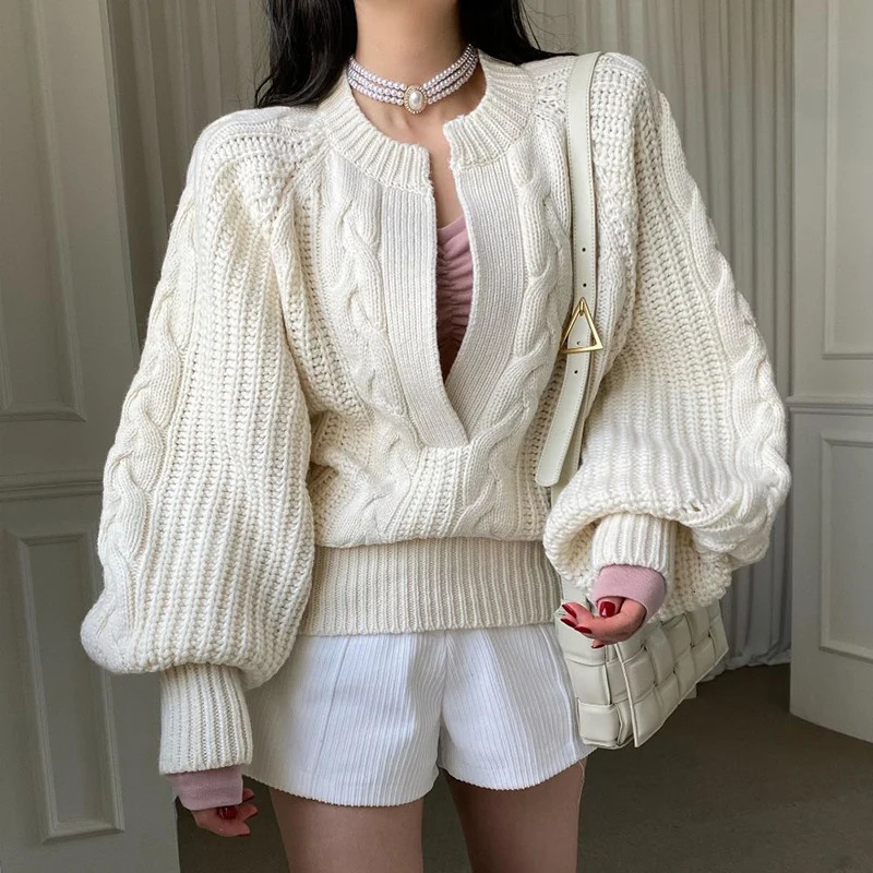 Rimocy Korean Fashion Deep V Neck Knit Sweater Women Twist Balloon Sleeve Sweaters Woman Solid Color Loose Chic Pullover Female 241021