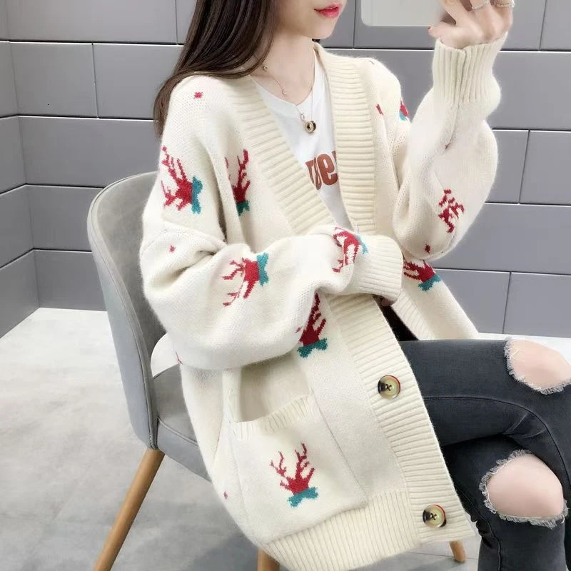 Christmas Deer Knitted Coat Femal Loose Cardigan For Women Long Sleeve Top Casual Chic Office Ladys Sweater Single Breasted 241022