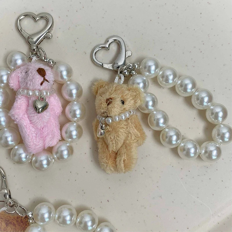 Plush Teddy Bear Pearl Bracelets Cell Phone Chain Cute Doll Bag Charms Keychain Pendant Girl Heart Hanging Ornament 241017