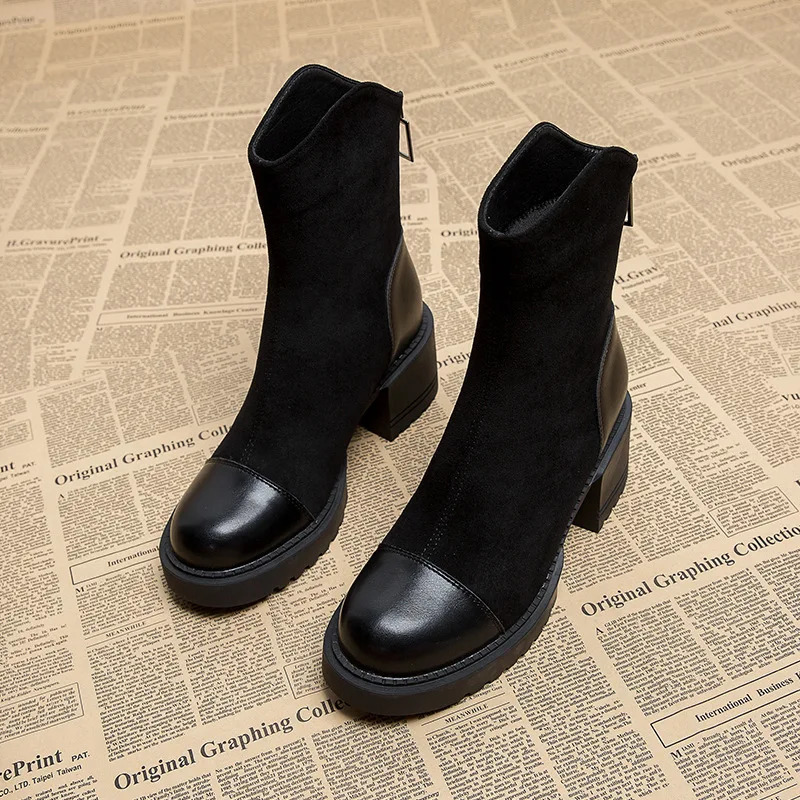 Retro brown womens ankle boots fashionable and elegant zipper shoes autumn square high heels modern short boots 250225