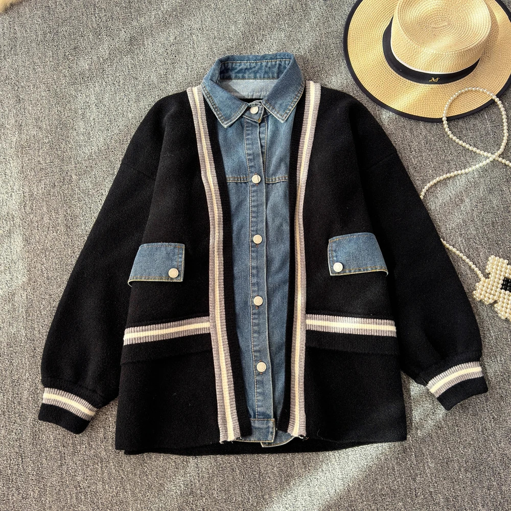 Denim Knitted Splicing Coat Warm Short and Fat Open Knitted Sweater Top Womens Spring and Autumn Knitted Clothing 241022