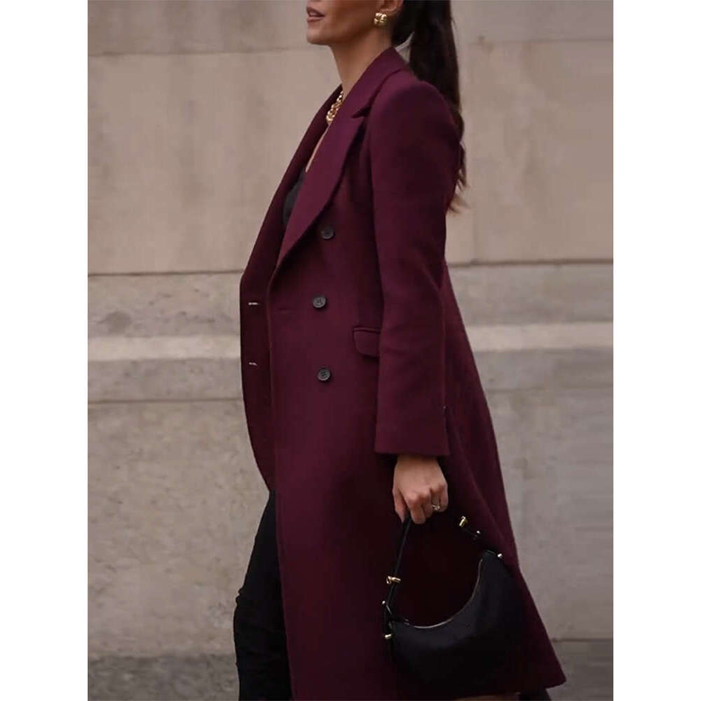 Angora Red Tweed Woolen Coat Lapel Three Button Cashmere Long Wool Suit Overcoat Double Breasted Wide Shoulder Women Outwear