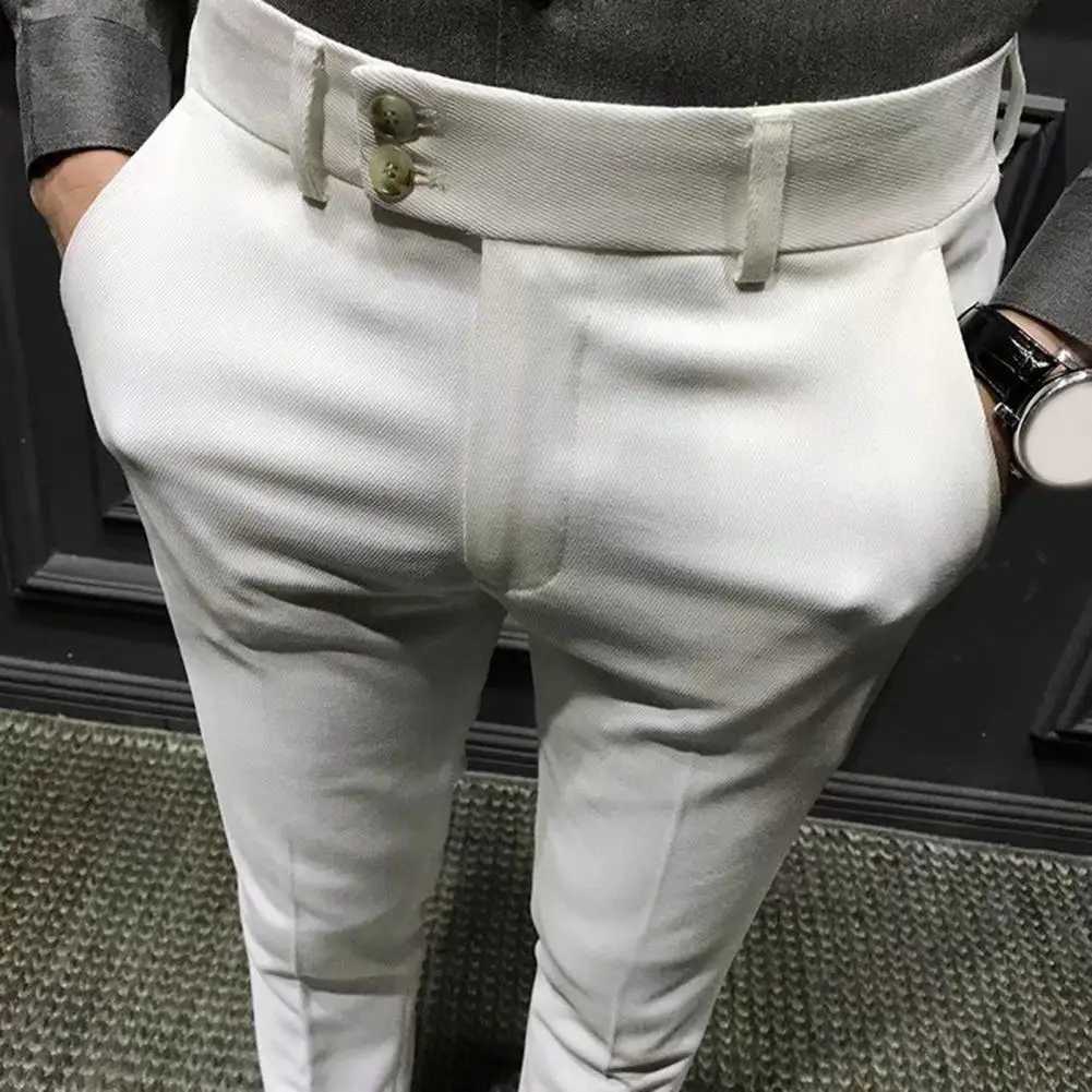 Men Blazer Pants Anti-wrinkle Mid Waist Men Ninth Pants Young Style Men Casual Ninth Suit Pants Pockets Business Long TrousersX241023