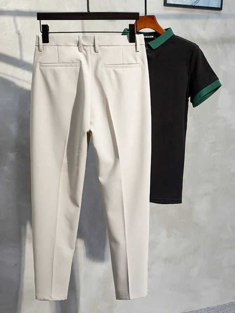 9 Cropped Man Suits Pants White Trousers for Men Fluid Draped High Quality Luxury Korean Style Clothes Spandex Summer 2024 CheapX241023