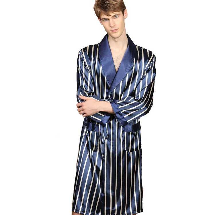 Plus size 5XL silk dress mens spring and summer blue striped Sp dress mens long Sve satin kimono Bathrobe Spwear W241023