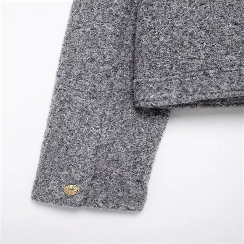 Autumn womens coarse woolen jacket long sleeved round neck short button pocket jacket elegant womens jacket 241023